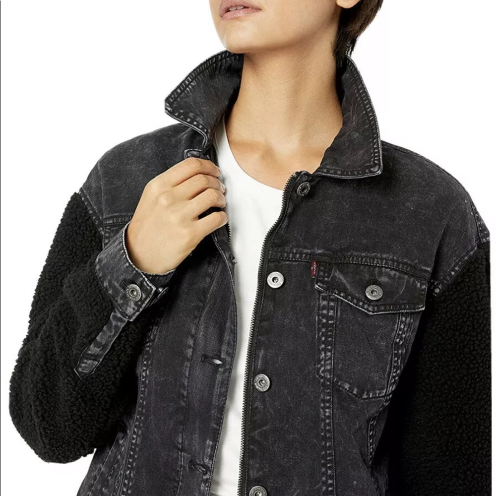 Levi’s Acid Washed Black Denim Trucker Jacket Lrg - Picture 2 of 12